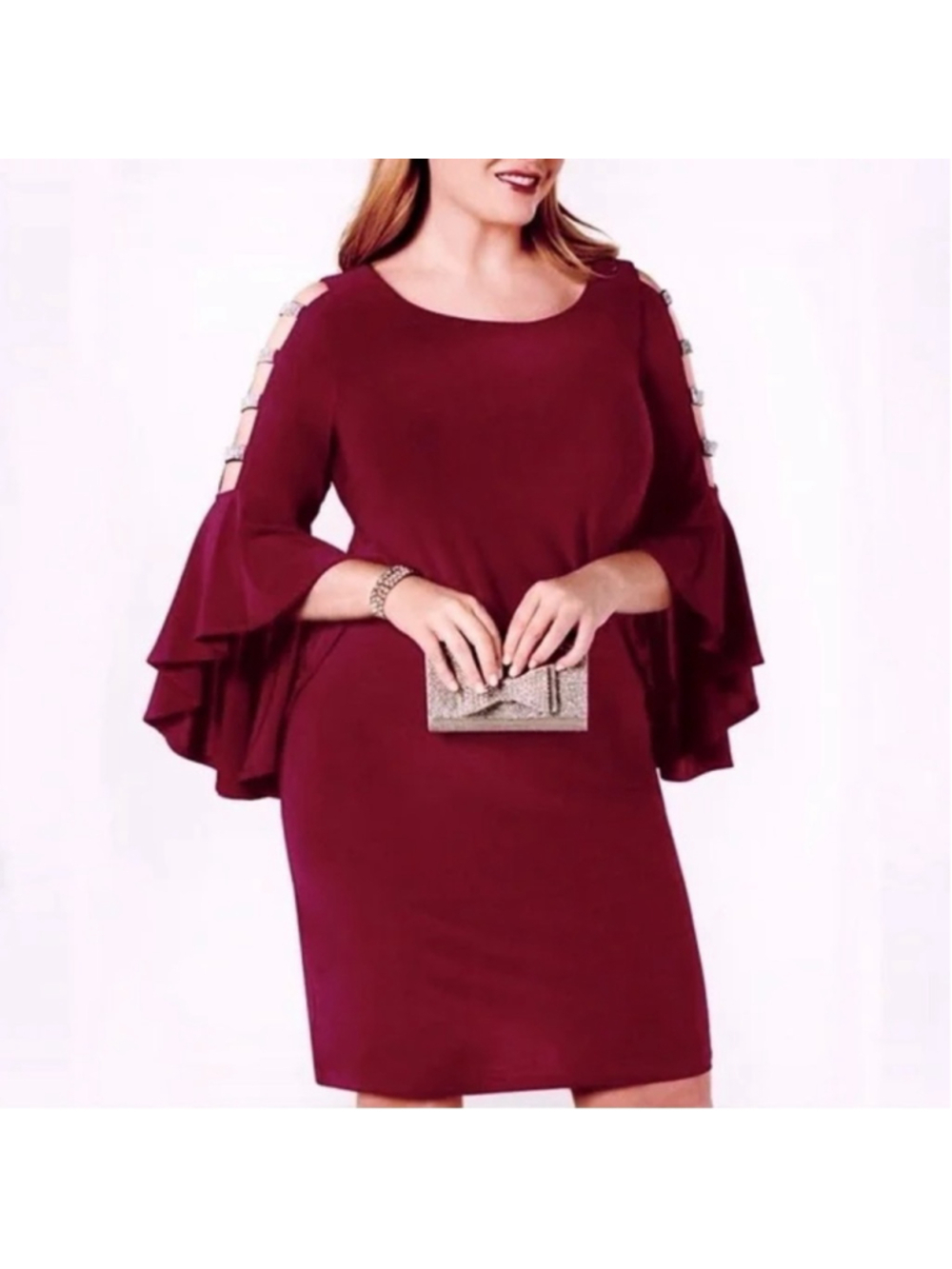 MSK Size L Wine Red Cold-shoulder Rhinestone and Flutter Sleeve Dress